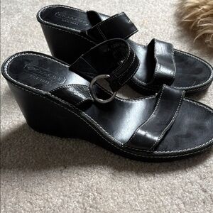 Coach Black Leather Wedge Sandals with Silver Ring Detail